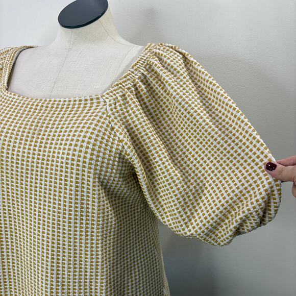 Ava & Viv Plus Size 1X Top Check Mustard White Puff Sleeve Fall Preppy Work - Picture 8 of 13